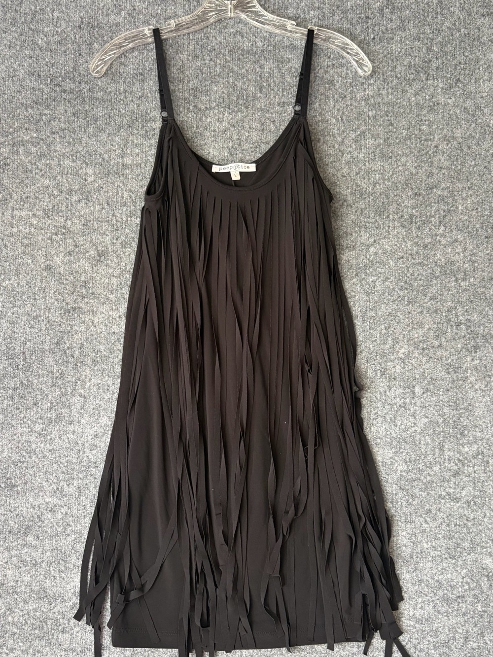 Peep Toe Fringe Slip Dress Womens L Black Mini Adjustable‎ Straps Boho Flapper